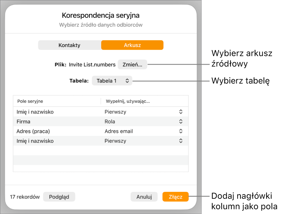 Panel podglądu korespondencji seryjnej, zawierający opcje pozwalające zmienić plik źródłowy lub tabelę źródłową, wyświetlić podgląd nazw pól korespondencji seryjnej oraz dodać nagłówki kolumn jako pola.