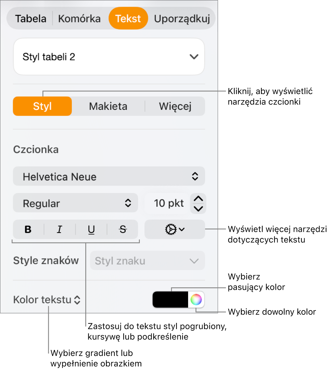 Narzędzia edycji stylu tekstu w tabeli.