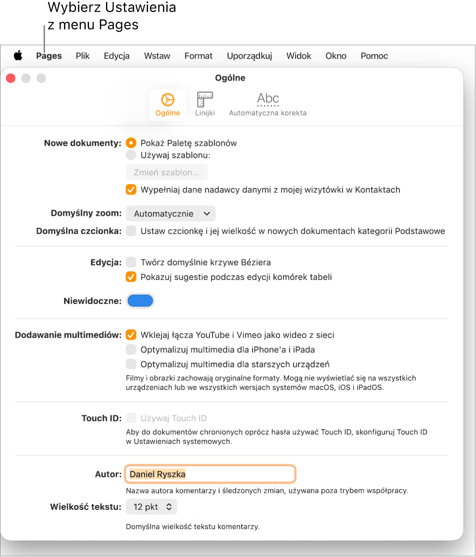 Karta Ogólne w ustawieniach Pages.