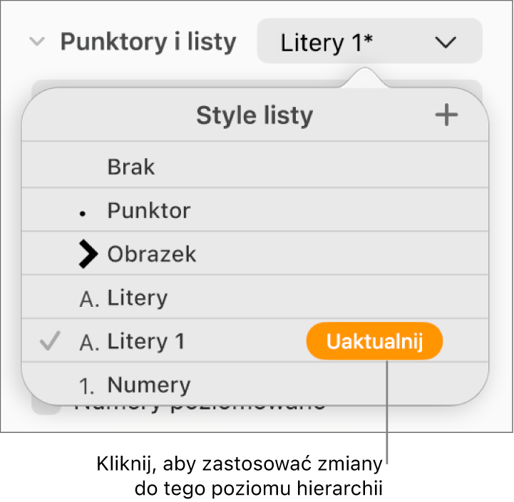 Menu podręczne Style listy z przyciskiem Uaktualnij obok nazwy nowego stylu.