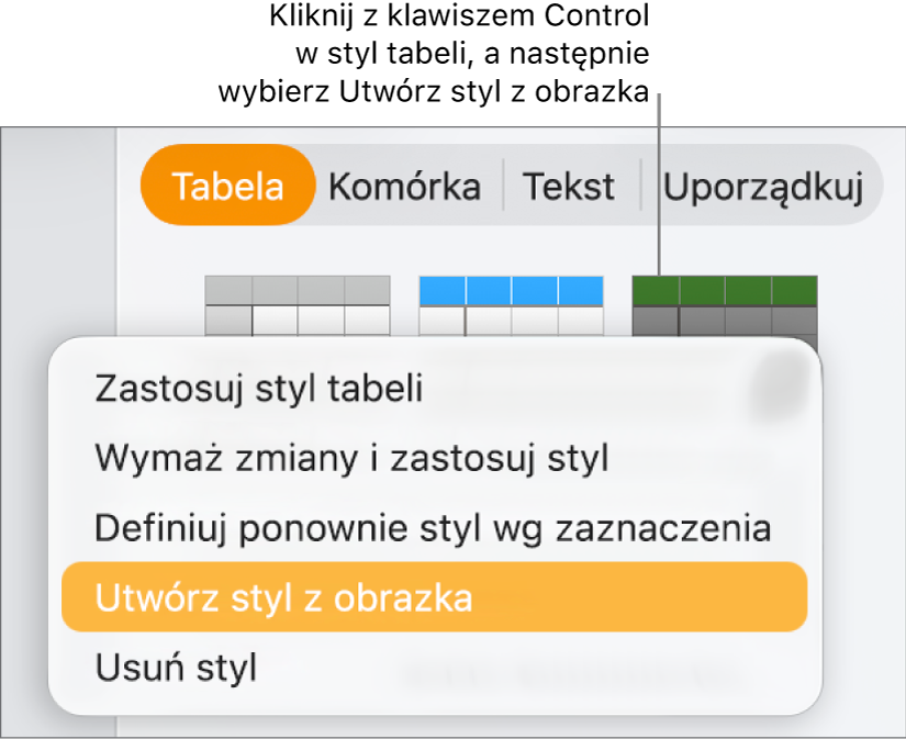 Menu podręczne stylu tabeli.