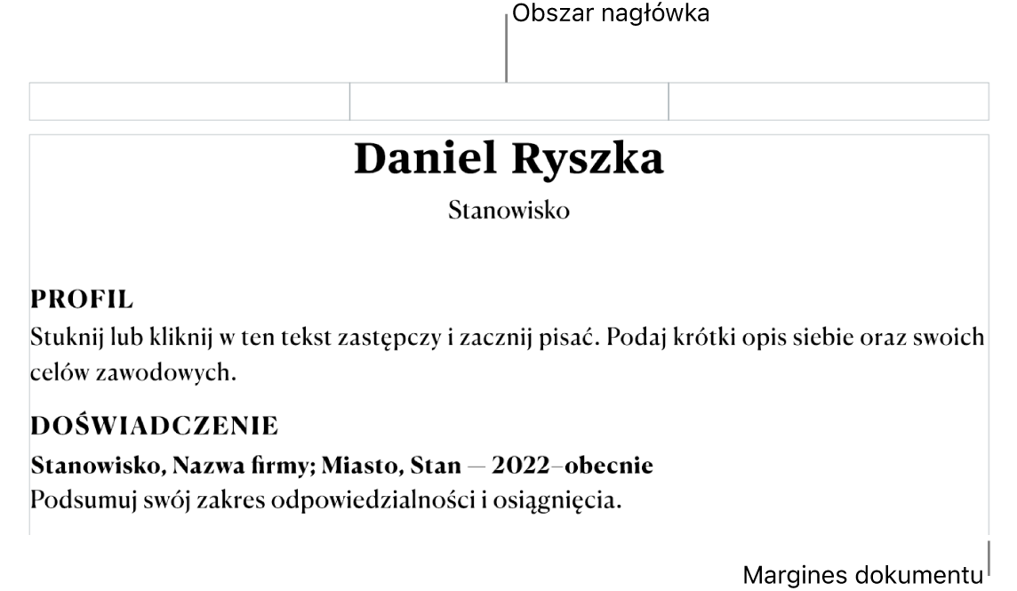 Widok makiety pokazujący obszar nagłówka i marginesy dokumentu.
