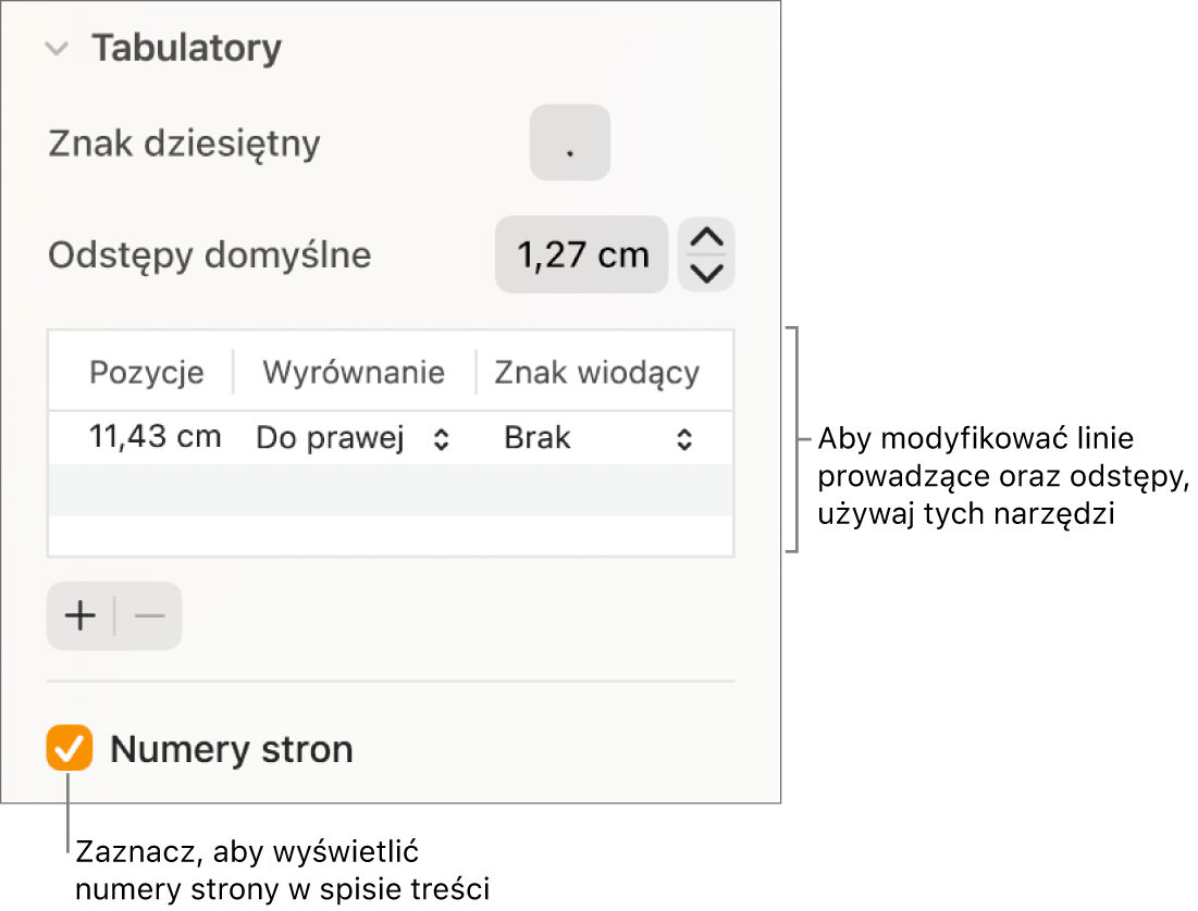 Sekcja Tabulatory na pasku bocznym Format. Poniżej etykiety Odstępy domyślne widoczna jest tabela zawierająca kolumny Pozycje, Wyrównanie oraz Znak wiodący. Poniżej tabeli widoczne jest zaznaczone pole wyboru Numery stron.