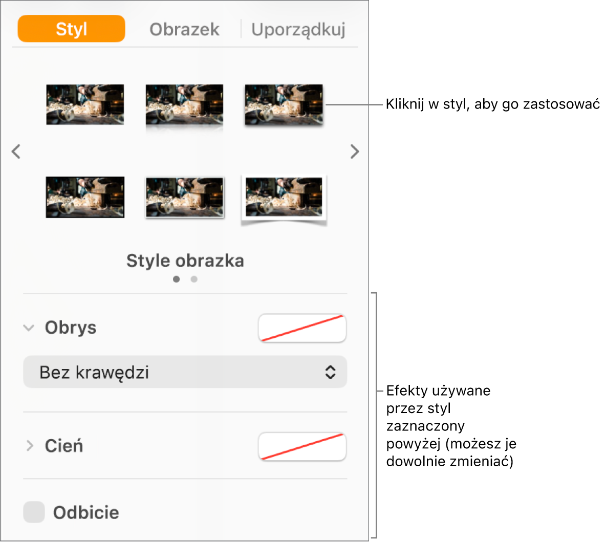 Karta Styl na pasku bocznym Format, zawierająca opcje stylu obiektu.