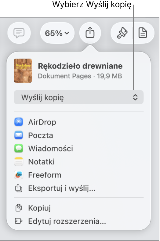 Menu udostępniania z wybraną opcją Wyślij kopię (na górze).