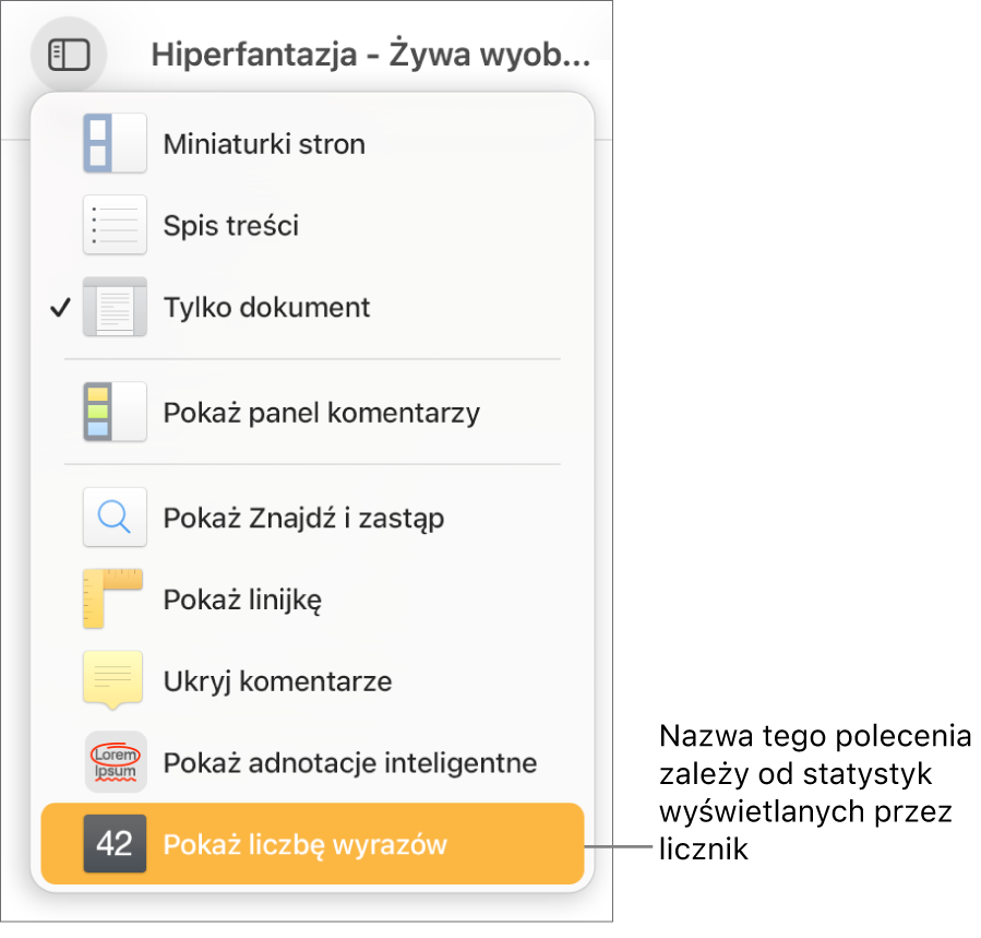 Rozwinięte menu Widok z widocznym na dole poleceniem Pokaż liczbę znaków.