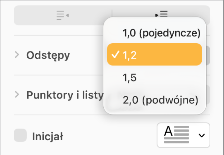 Menu podręczne Odstępy, zawierające pozycje Pojedyncze, Podwójne oraz inne opcje.