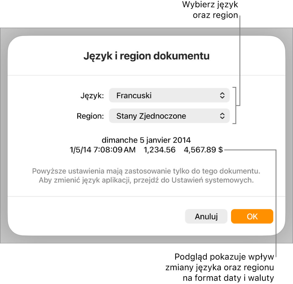 Panel Język i region z narzędziami do ustawień języka i regionu, a także przykład formatu zawierający datę, czas, liczbę dziesiętną oraz walutę.