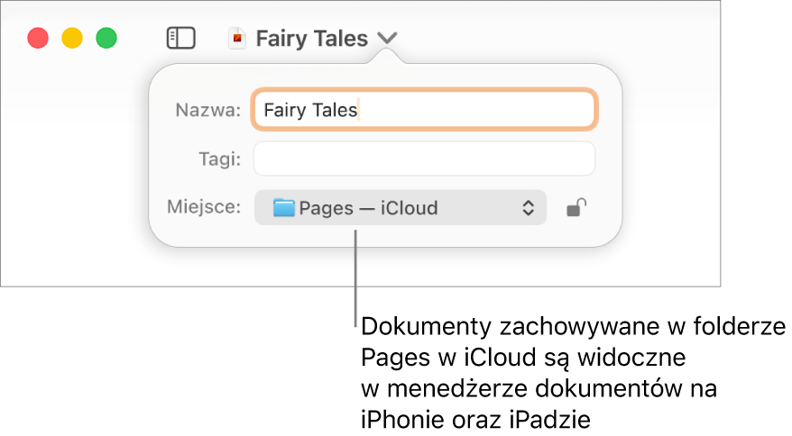 Okno dialogowe zachowywania dokumentu w Pages: w menu podręcznym miejsca wybrany jest iCloud Drive.