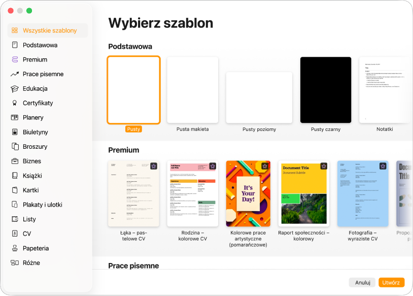 Paleta szablonów. Pasek boczny po lewej zawiera listę kategorii, w które możesz kliknąć, aby filtrować dostępne opcje. Po prawej stronie widoczne są miniaturki gotowych szablonów uporządkowane wierszami według kategorii. Przycisk Anuluj i Utwórz są w prawym dolnym rogu.