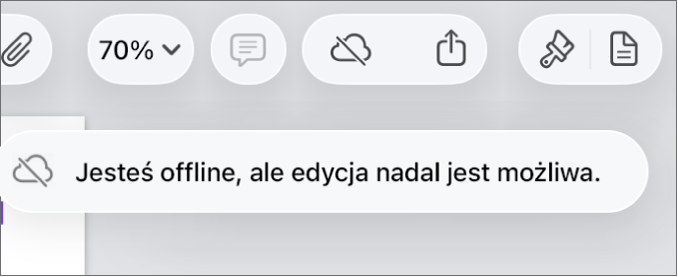 Przyciski znajdują się u góry ekranu; przycisk współpracy wyświetlany jest jako chmura przekreślona ukośną linią. Alert zawierający następującą informację: Brak połączenia z siecią, ale edycja nadal jest możliwa.