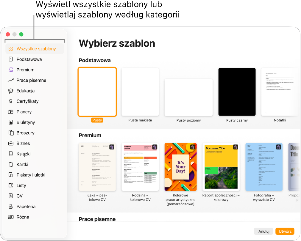 Paleta szablonów. Pasek boczny po lewej zawiera listę kategorii, w które możesz kliknąć, aby filtrować dostępne opcje. Po prawej stronie widoczne są miniaturki gotowych szablonów uporządkowane wierszami według kategorii, zaczynając od widocznej na górze kategorii Podstawowe, po której następuje kategoria Prace pisemne oraz kategoria Książki – pionowe. Menu podręczne Język i region znajduje się w lewym dolnym rogu, natomiast przyciski Anuluj oraz Utwórz znajdują się w prawym dolnym rogu.