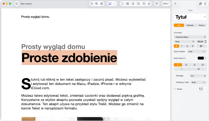 Otwarty dokument z otwartym paskiem bocznym formatowania i zaznaczoną kartą tekstu.