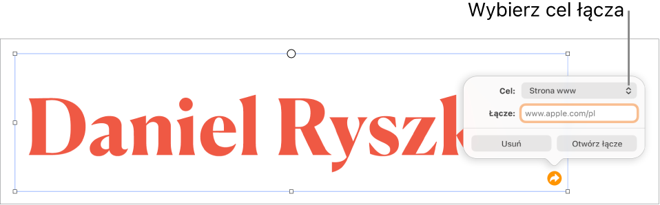 Narzędzia edytora łączy; wybrane jest narzędzie Strona www; na dole znajdują się przyciski Usuń i Otwórz łącze.