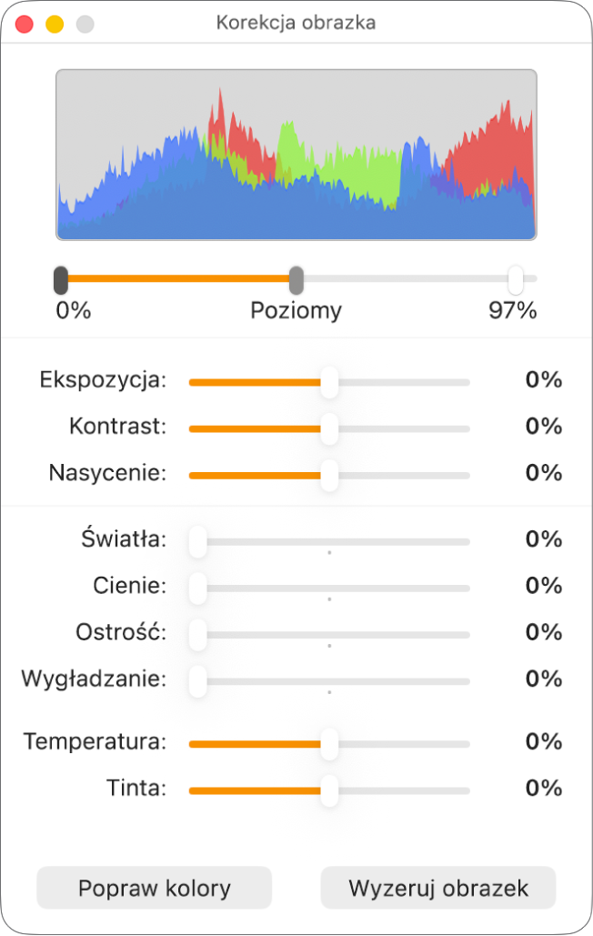 Okno korekcji obrazka, zawierające suwaki do ustawiania ekspozycji, kontrastu, nasycenia, świateł, cieni, ostrości, wygładzania, temperatury i tinty.