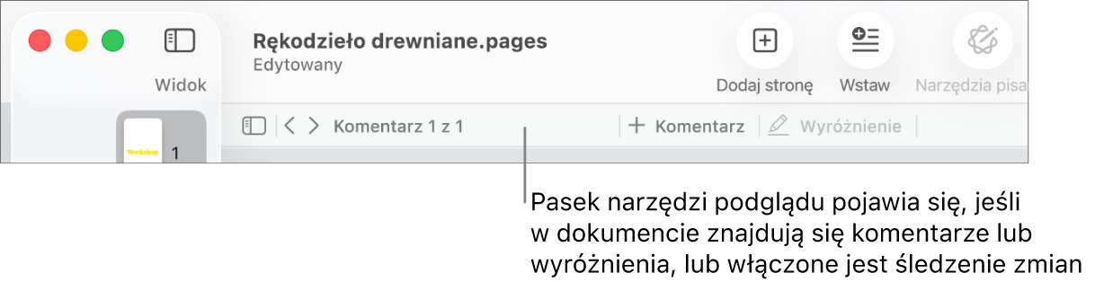 Pasek narzędzi Pages na górze ekranu z przyciskami Widok, Zoom, Dodaj stronę, Wstaw, Tabela, Wykres, Tekst, Kształt, Multimedia oraz Komentarz. Poniżej paska narzędzi Pages znajduje się pasek narzędzi recenzji z przyciskiem ukrywania lub pokazywania komentarzy, strzałkami do przejścia do poprzedniego lub następnego komentarza, całkowitą liczbą komentarzy oraz przyciskami dodawania komentarza lub podświetlania.