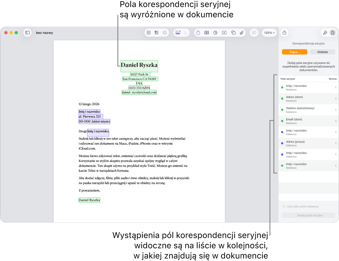 Dokument Pages z polami korespondencji seryjnej przeznaczonymi na dane odbiorcy i nadawcy. Na pasku bocznym Dokument widoczna jest lista wystąpień pól korespondencji seryjnej.