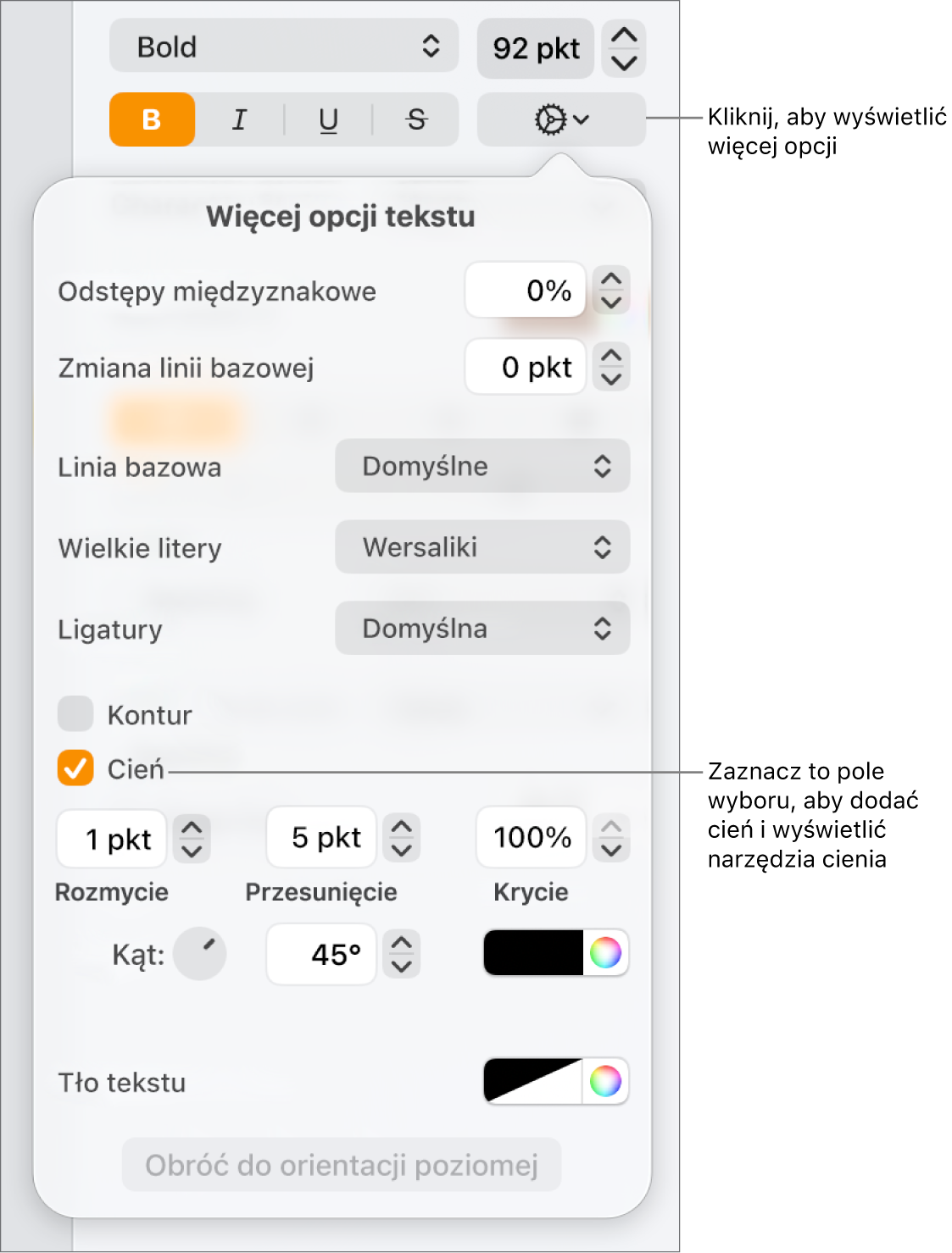 Rozwinięte menu Opcje zaawansowane z zaznaczonym polem wyboru Cienie i narzędziami do ustawiania rozmycia, przesunięcia, krycia, kąta oraz koloru.