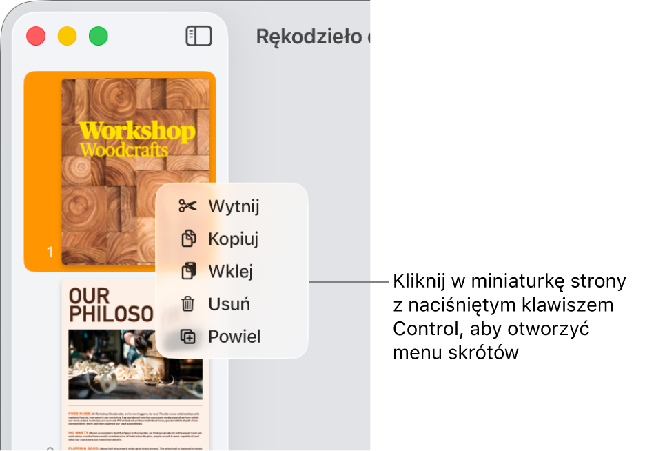 Widok miniaturek stron zawierający jedną zaznaczoną miniaturkę oraz otwarte menu skrótów.