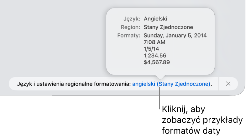 Powiadomienie o różnicy ustawień dotyczących języka i regionu, pokazujące przykłady formatowania używanego w wybranym języku i regionie.