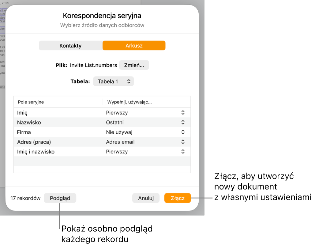 Panel korespondencji seryjnej zawierający opcje pozwalające zmienić plik źródłowy lub tabelę źródłową, wyświetlić podgląd nazw pól korespondencji seryjnej lub poszczególnych rekordów oraz złączyć dokument z danymi.
