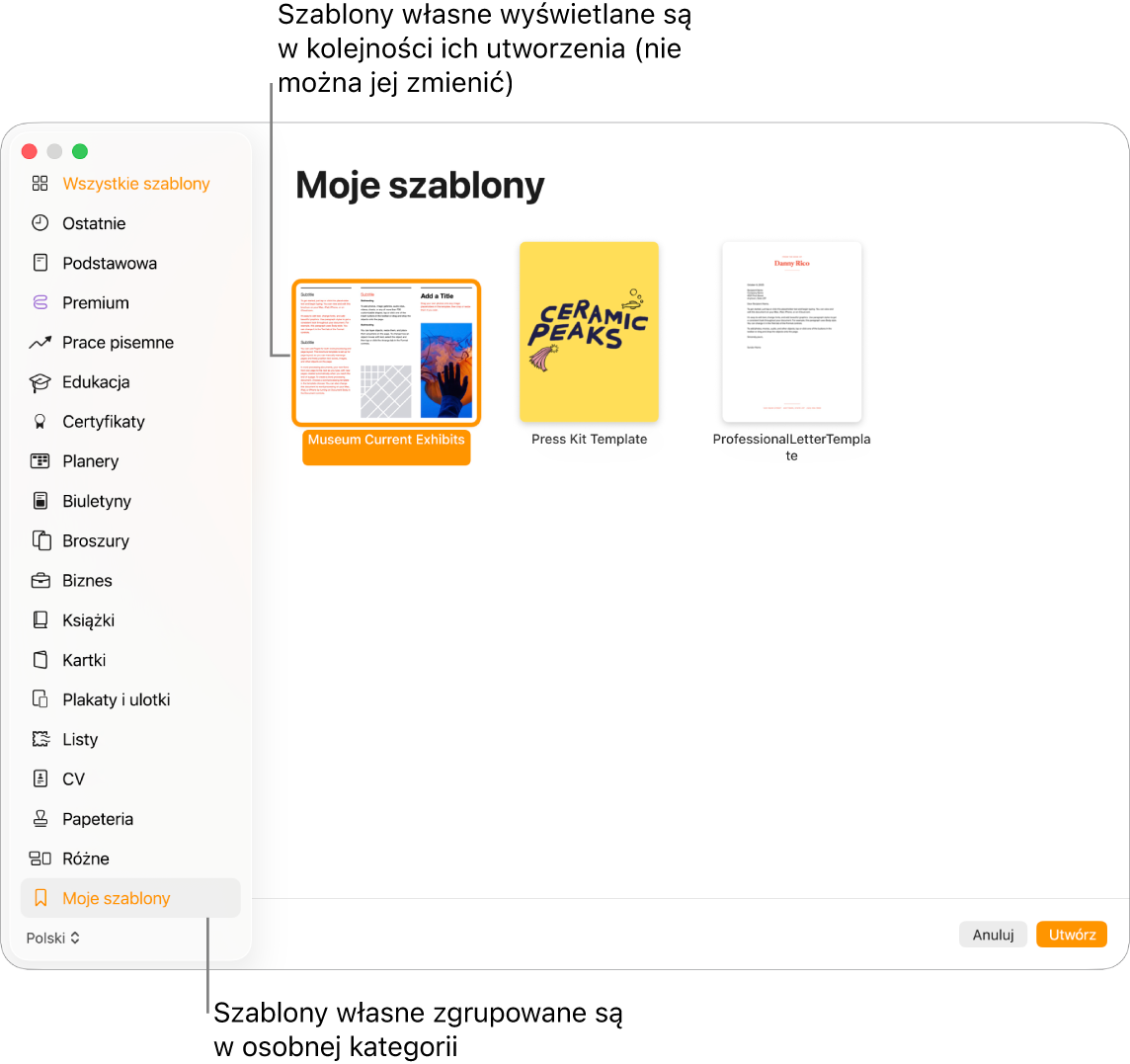 Paleta szablonów z widocznymi po lewej kategoriami. Ostatnia kategoria to Moje szablony. Szablony własne wyświetlane są w kolejności ich utworzenia i nie można zmienić ich ułożenia.