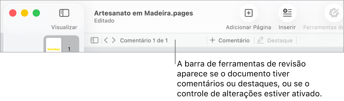Barra de ferramentas do Pages na parte superior da tela com os botões Visualizar, Zoom, Adicionar Página, Inserir, Tabela, Gráfico, Texto, Forma, Mídia e Comentário. Abaixo da barra de ferramentas do Pages está a barra de ferramentas de revisão, com botão para ocultar ou mostrar comentários, setas para ir para o comentário anterior ou seguinte, número total de comentários e botões para adicionar comentário ou destaque.