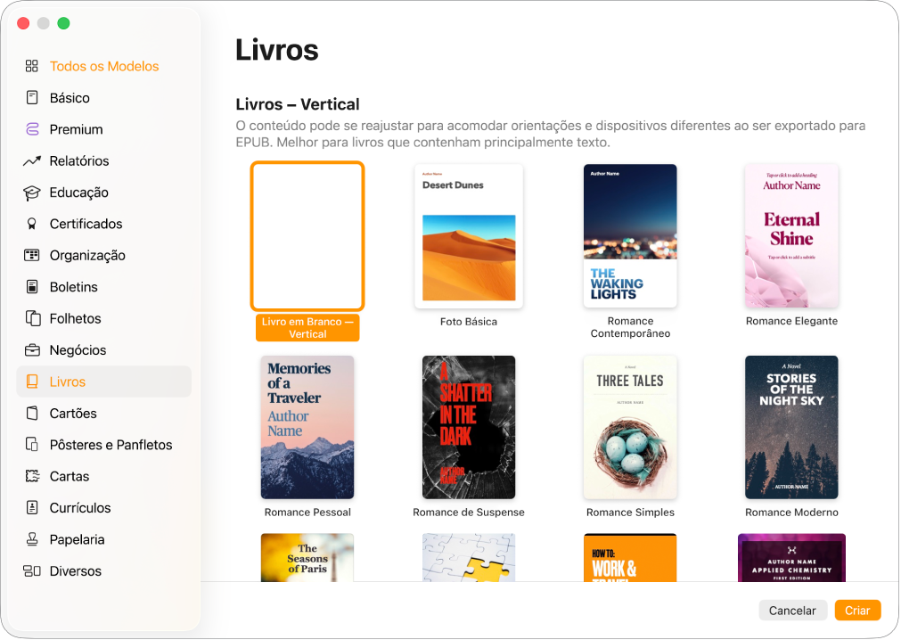 Seletor de modelos com Livros selecionado na lista de categorias à esquerda e modelos de livros na orientação vertical à direita.