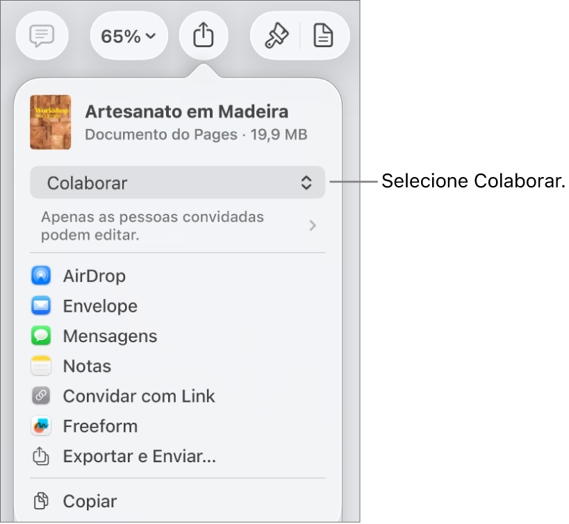 Menu Compartilhar com Colaborar selecionado na parte superior e os ajustes de acesso e permissão abaixo.