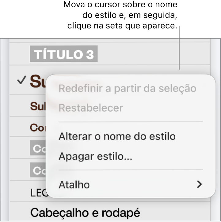 O menu "Estilos de parágrafo” com o menu de atalhos aberto.