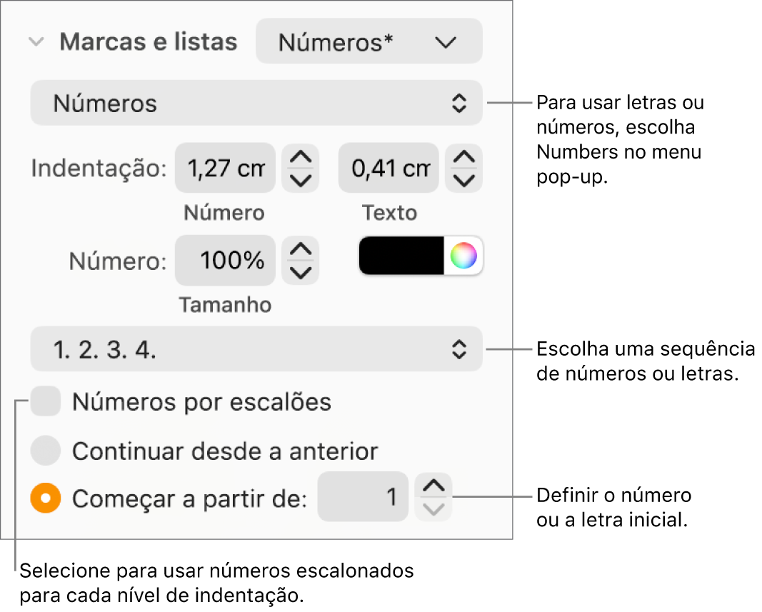 Controlos para alterar o estilo de número e o espaçamento de uma lista.