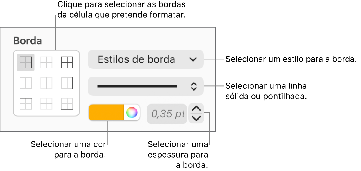 Controlos para definir o estilo de bordas de célula.