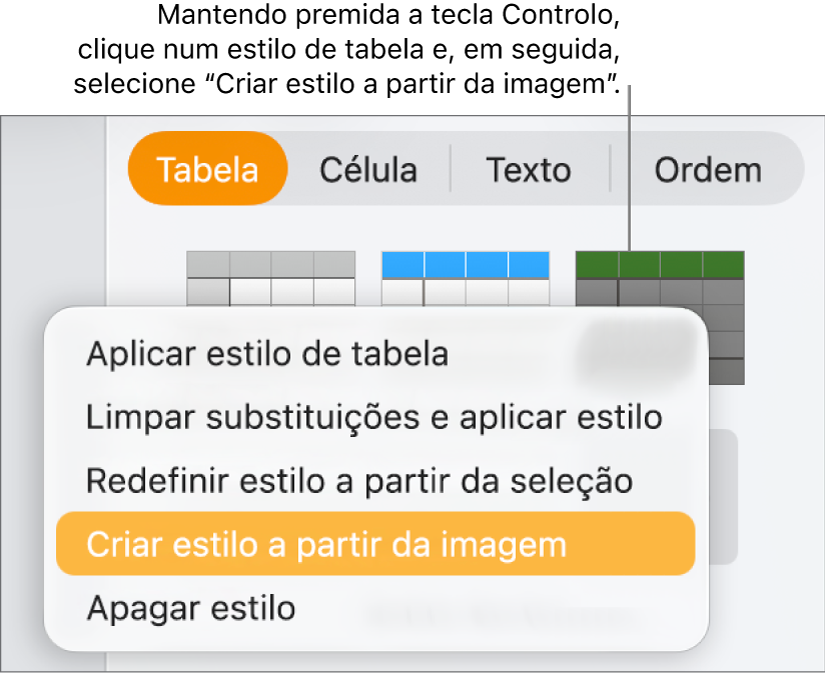 Menu de atalhos de estilo de tabela.