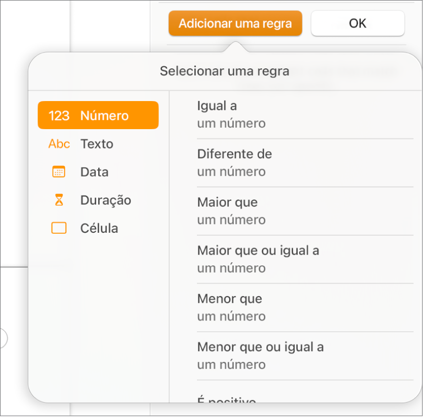 Botões para a criação de regras de destaque de célula condicional.