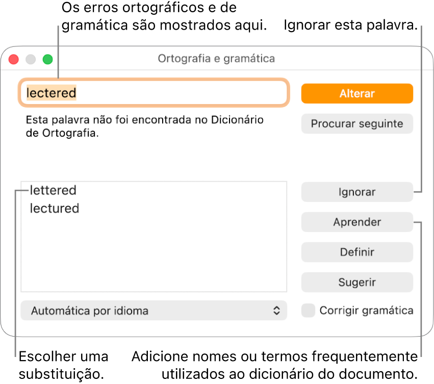 A janela “Ortografia e gramática”.