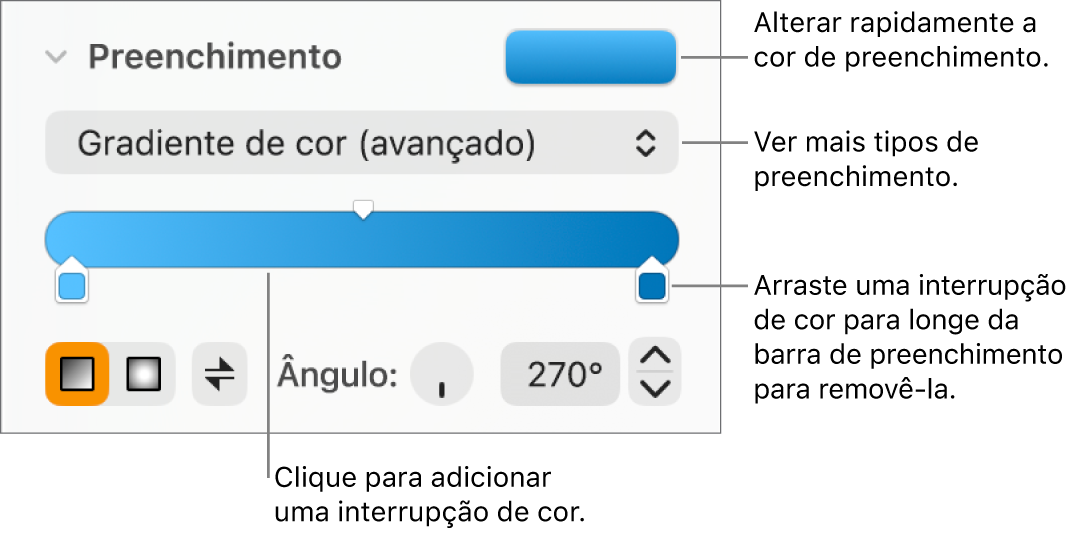 Controlos para preencher objetos com cores.