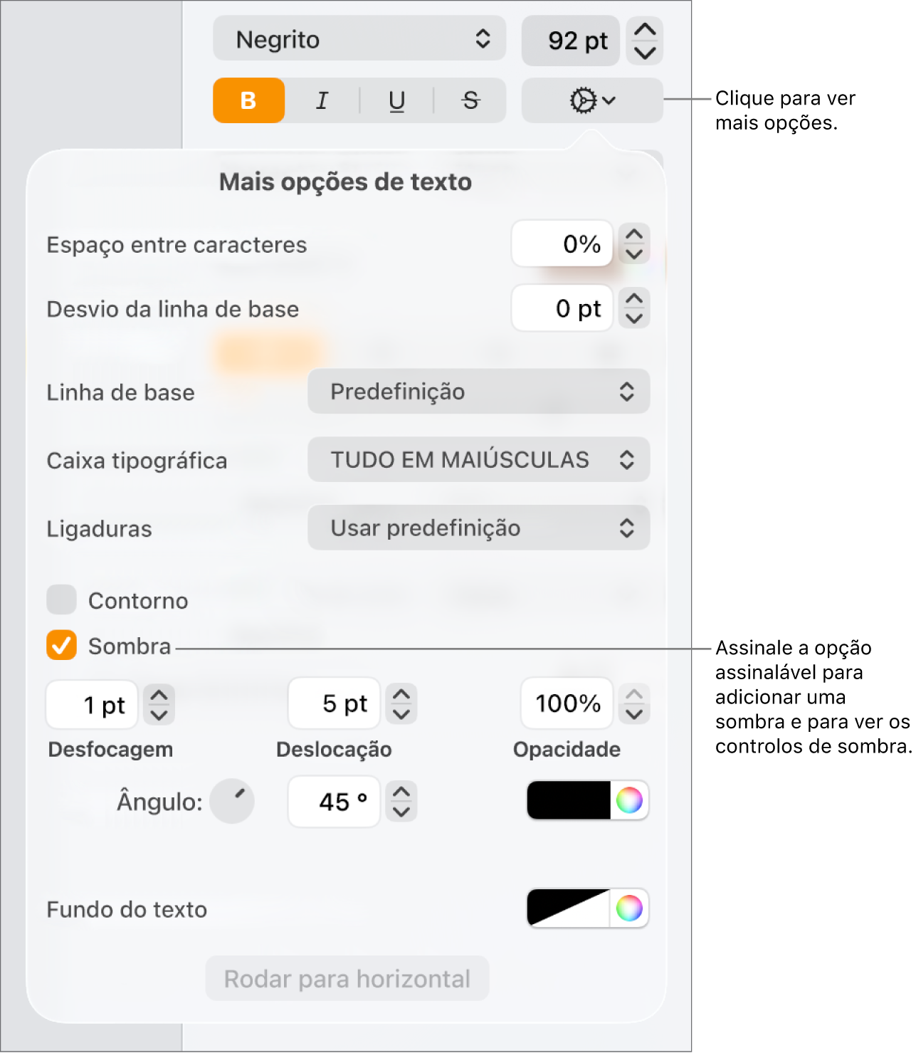 O menu “Opções avançadas” aberto com a opção “Sombras” selecionada e os controlos para definir desfocagem, deslocação, opacidade, ângulo e cor.