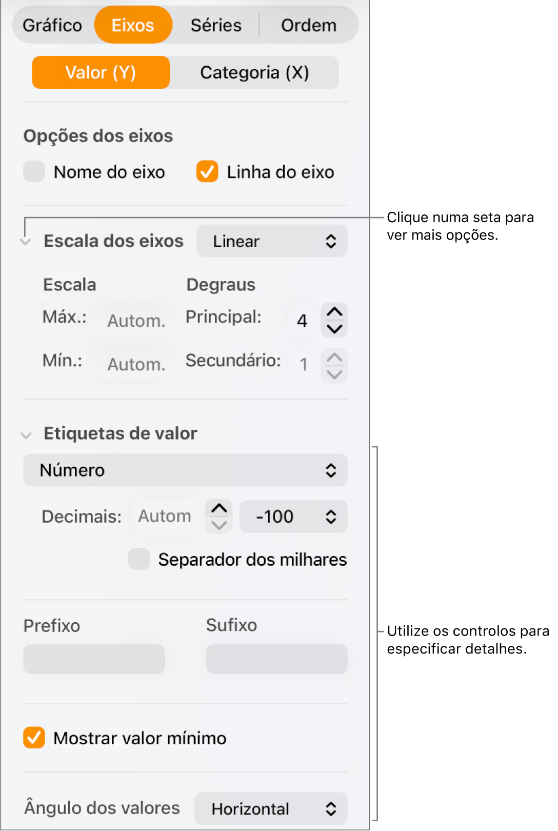 Controlo para formatar marcações do eixo do gráfico.