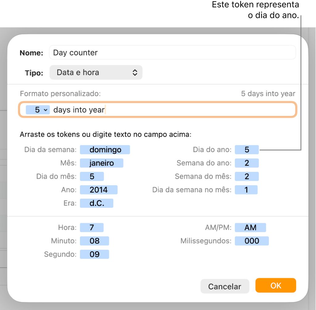 Janela de formato de célula personalizado com controlos para escolher o formato de data e hora personalizado.