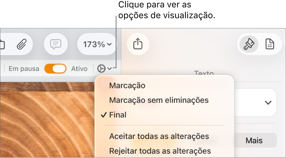 O menu de opções de revisão mostrando "Marcação”, “Marcação sem as eliminações” e “Final”.