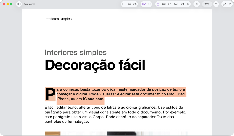 Num documento aberto com texto-exemplo do modelo selecionado.