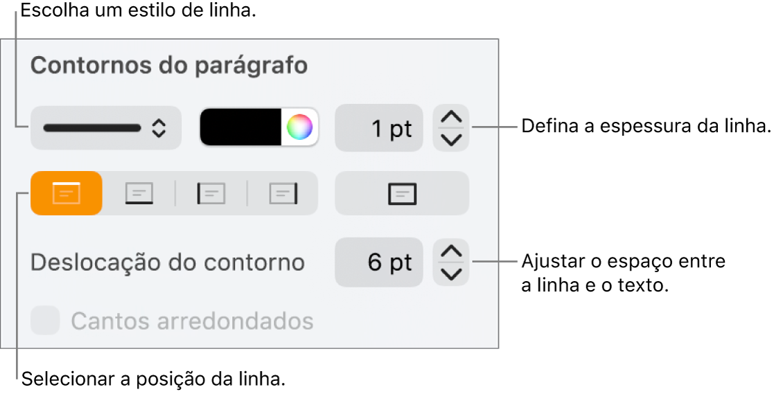 Controlos para alterar o estilo de linha, a espessura, a posição e a cor.