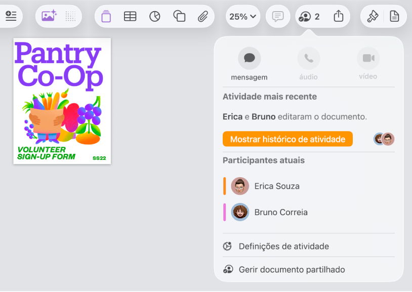 O menu de colaboração a apresentar os nomes das pessoas que estão a colaborar no documento.