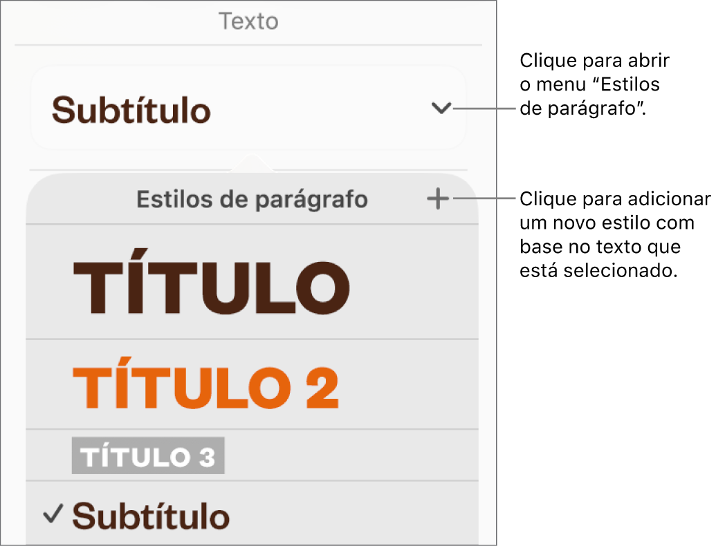 O menu “Estilos de parágrafo”, mostrando os controlos para adicionar ou alterar um estilo.