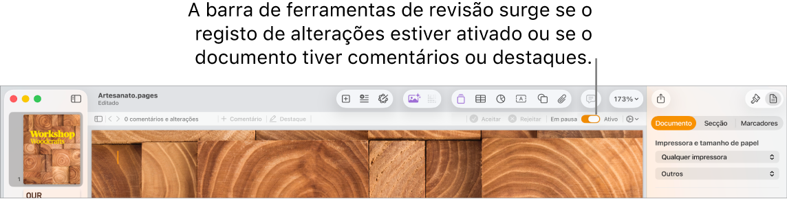 A barra de ferramentas do Pages com registo de alterações ativado e a barra de ferramentas de revisão debaixo da barra de ferramentas do Pages.
