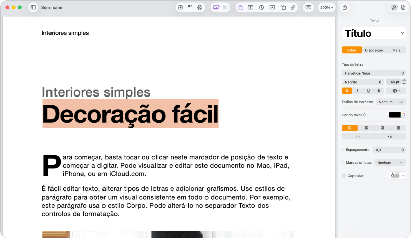 Um documento aberto com a barra lateral de formatação aberta e o separador de texto selecionado.