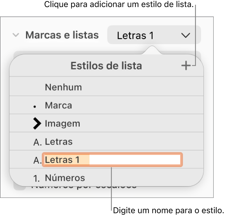 O menu pop-up “Estilos de lista” com um botão “Adicionar” no canto superior direito e um nome de estilo do marcador de posição com o respetivo texto selecionado.
