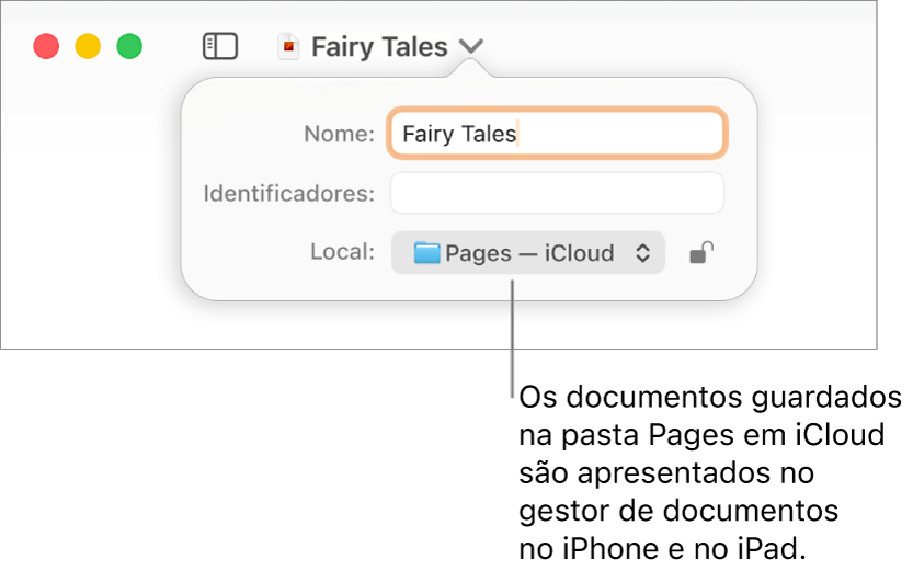 A caixa de diálogo Guardar de um documento com “Pages—iCloud” no menu pop-up "Onde”.