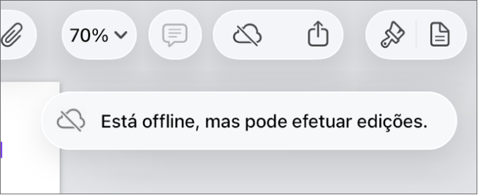 Os botões na parte superior do ecrã, com o botão “Colaboração” alterado para uma nuvem com uma linha diagonal por cima. Um aviso no ecrã indica que “Está offline, mas pode efetuar edições.”
