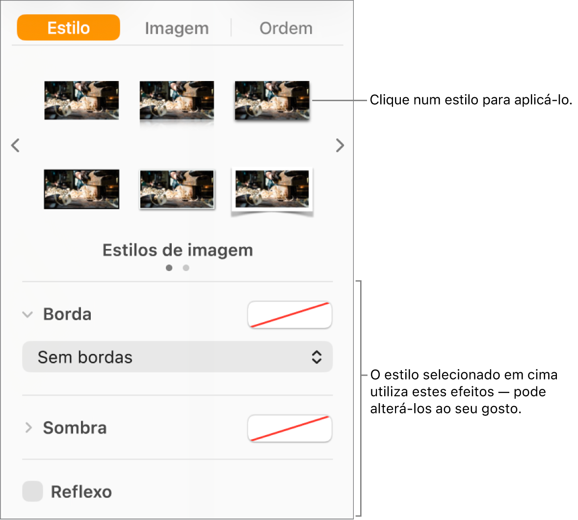 O separador "Estilo” da barra lateral "Formatação” a mostrar opções de estilo de objetos.